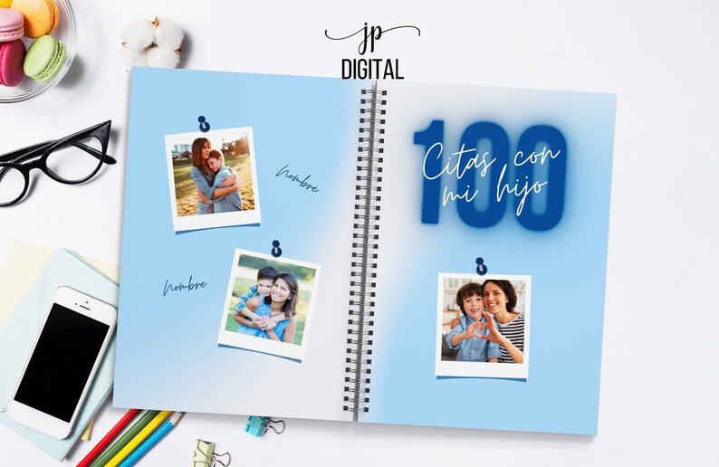 以下が含まれることがあります： 表紙に「100 Citas con mi hijo」と書かれた青と白のスパイラルノート。ノートには、母親と息子の写真が3枚あります。