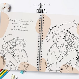 以下が含まれることがあります： 母親と子供が抱き合っている線画が描かれた、スパイラルバインディングのノート。ノートの表紙はベージュで、桃色の抽象的な形が描かれている。表紙のテキストは「100 citas con mi hija」と「Una familia unida es un regalo que dura para siempre」です。