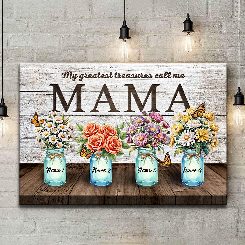 Rustic Mama Canvas with Personalized Mason Jars and Flowers, Custom Name for Mom or Grandma, Floral Gift for Mother's Day, Birthday Nb 0073