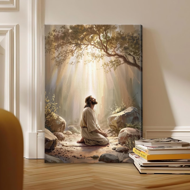 Jesus Praying in Garden of Gethsemane Canvas Wall Art, Christian Prayer Artwork for Home Decor, Spiritual Religious Gift for Easter Nb 0307