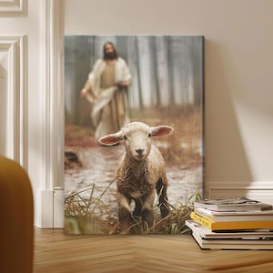 Jesus Running After a Lost Lamb, Jesus Lamb of God, Jesus and Lamb - Loss Sheep with Jesus - The Good Shepherd and Lamb Canvas Nb 0216