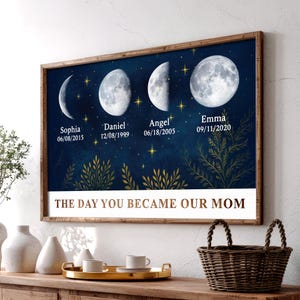 Póster de fases lunares en cielo estrellado, El día que te convertiste en nuestra mamá, Cielo nocturno con hojas y estrellas, Regalo para el Día de la Madre, Familia Luna y Estrellas N.° 0357