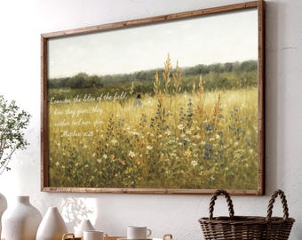 Matthew 6:28 Consider The Lilies Poster, Christian Bible Verse Faith-Based Art, Pastoral Wildflower Field Rustic Spiritual Watercolor 0602