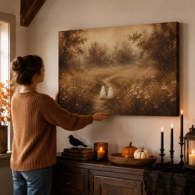 Puede incluir: Un lienzo rectangular que muestra un paisaje forestal en tonos sepia con un sendero y dos peque&ntilde;as figuras de fantasmas blancos en un campo de flores silvestres. La obra presenta una paleta de colores marr&oacute;n apagado con &aacute;rboles.
