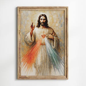 May include: A framed religious artwork depicting a figure with long hair and a beard, wearing a white robe. The figure has a heart with a cross and rays of red, white, and green light emanating from it. The artwork is in a wooden frame.