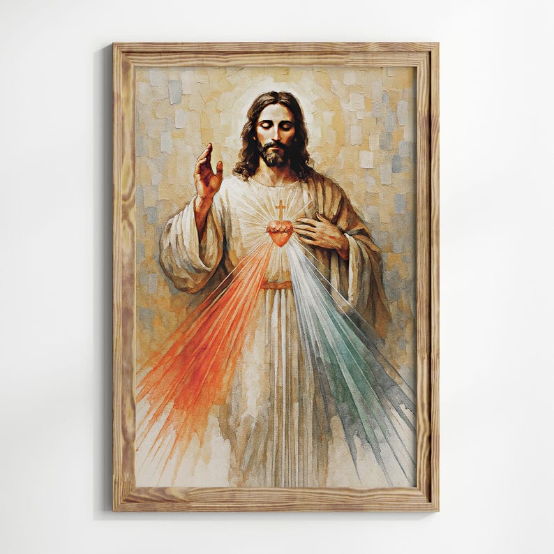 May include: A framed religious artwork depicting a figure with long hair and a beard, wearing a white robe. The figure has a heart with a cross and rays of red, white, and green light emanating from it. The artwork is in a wooden frame.