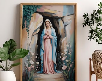 Virgin Mary Poster Print, Blessed Mother in Grotto Pastel Painting Style, Catholic Religious Wall Art for Prayer Rooms & Home Decor 0732