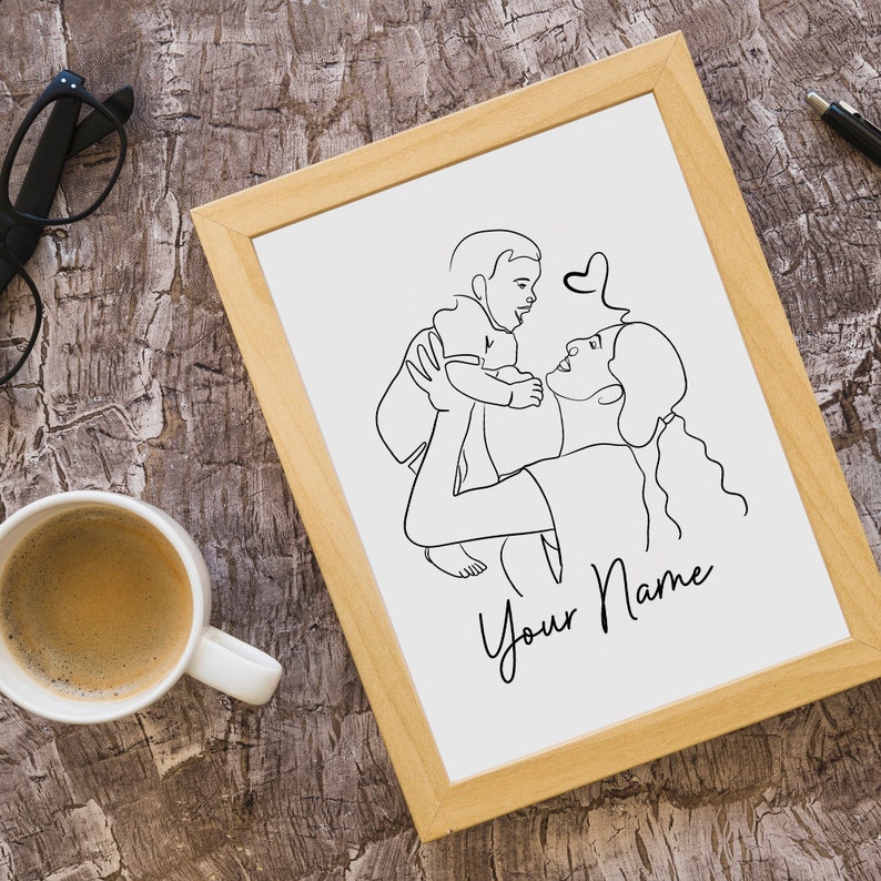 Personlig mor och barn-linjeteckning, anpassad mamma och bebis-linjeteckning, minimalistisk porträttkonst för mamma och barn, anpassad linjeteckning för mamma och bebis. bild 3