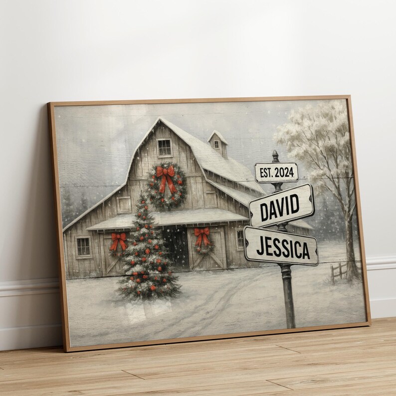 Christmas Barn Scene Personalized Family Name Poster, Rustic Farmhouse ...
