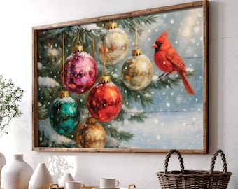 Cardinal and Christmas Ornaments Poster Print, Festive Holiday Wall Art, Winter Red Bird Seasonal Decoration 0803