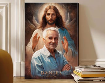 May include: A painting of a man standing with Jesus Christ. The man is wearing a blue shirt and has a name and dates written below him: "DANIEL 1988-2024".