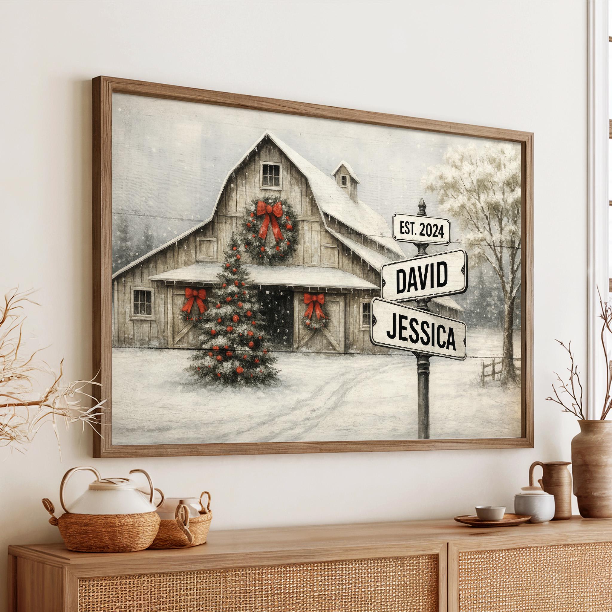 Christmas Barn Scene Personalized Family Name Poster, Rustic Farmhouse ...