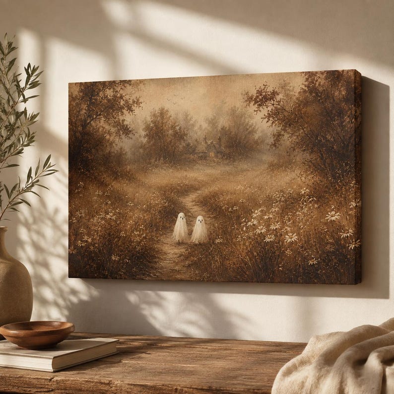 Puede incluir: Un lienzo rectangular con una pintura de paisaje en tonos sepia que muestra un camino de tierra que serpentea a trav&eacute;s de un campo de flores silvestres blancas y &aacute;rboles. Dos peque&ntilde;as figuras blancas fantasmales se encuentran en el camino.