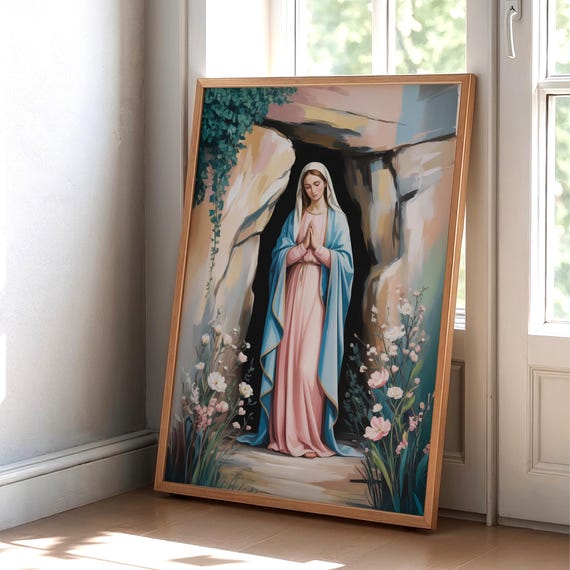 Virgin Mary Poster Print, Blessed Mother in Grotto Pastel Painting