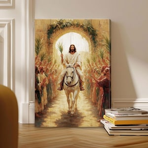 May include: A painting depicting a man riding a white horse through a gateway, surrounded by people holding palm branches. The man is wearing a white robe and has long brown hair and a beard. The painting is set against a backdrop of a city street.