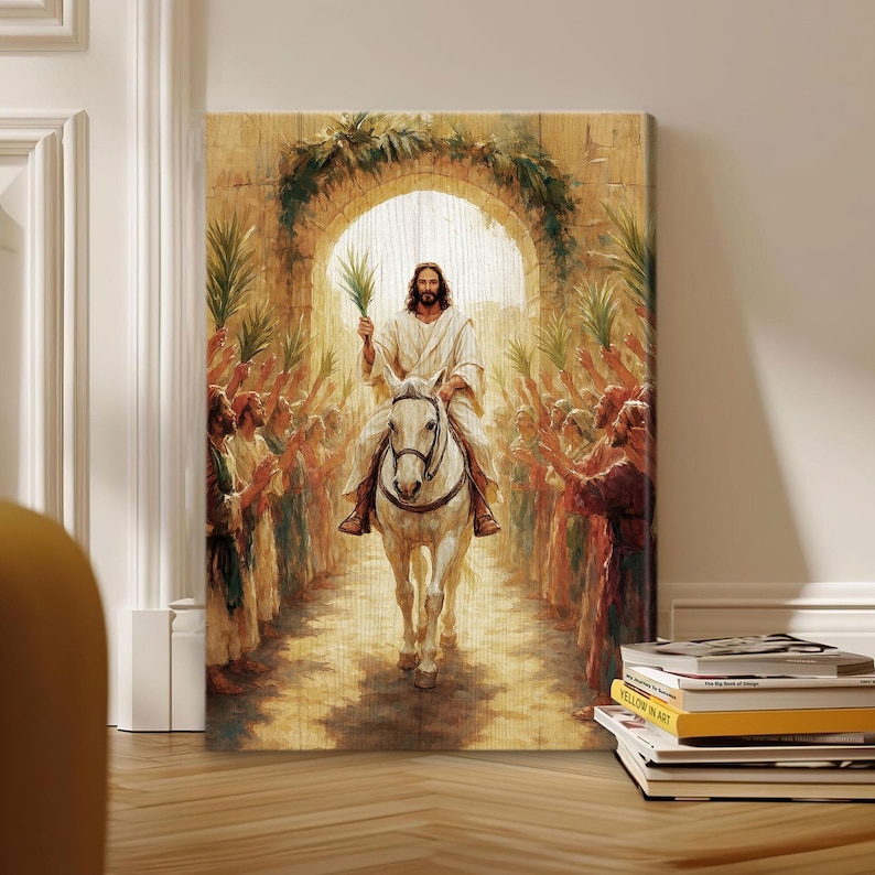 May include: A painting depicting a man riding a white horse through a gateway, surrounded by people holding palm branches. The man is wearing a white robe and has long brown hair and a beard. The painting is set against a backdrop of a city street.