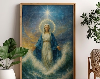 Puede incluir: Impresión enmarcada de una pintura religiosa. La obra representa a una mujer con un vestido blanco y una capa azul, con un halo de estrellas alrededor de su cabeza. Se encuentra frente a un fondo azul y dorado, con olas a sus pies.