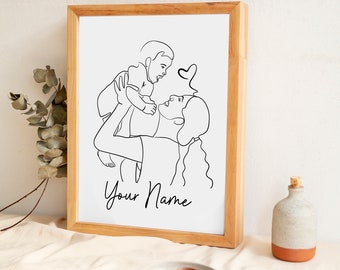 Personlig mor och barn-linjeteckning, anpassad mamma och bebis-linjeteckning, minimalistisk porträttkonst för mamma och barn, anpassad linjeteckning för mamma och bebis.