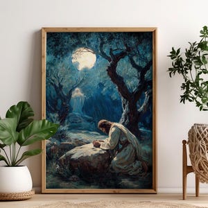 Jesus Praying in the Garden of Gethsemane, Jesus Kneeling in Prayer Poster, Spiritual Christian Wall Art, Bible-Inspired, Faith-Based 0749