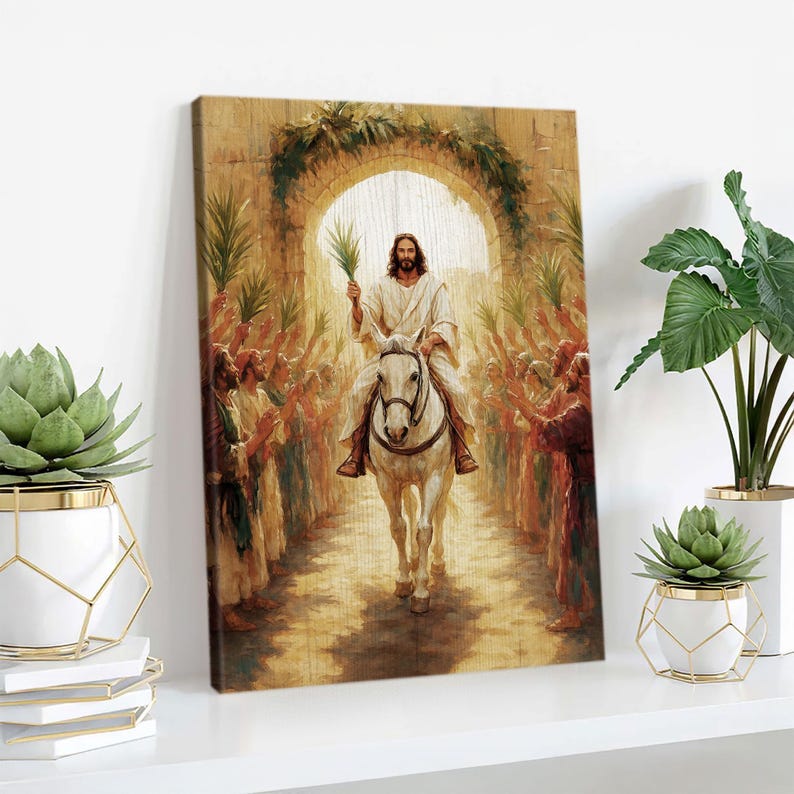 May include: A painting depicting Jesus riding a white horse through a crowd of people holding palm branches. The scene is set in a city with an archway in the background. The painting is done in a realistic style with warm colors.