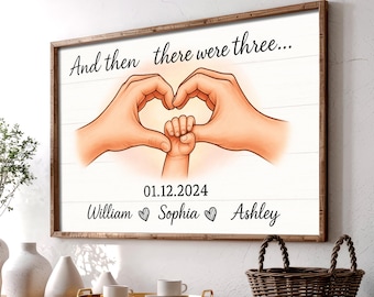 Personalized New Baby Poster, Family Hand Sign, Custom Baby Name and Date Poster, And Then There Were Three Sign, Baby Nursery 0400