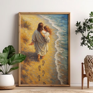 He Carried Me Poster Print, Jesus Walking on Beach, Christian Jesus Christ, God Wall Gif Footprints in the Sand, Handmade Fine Art 0742