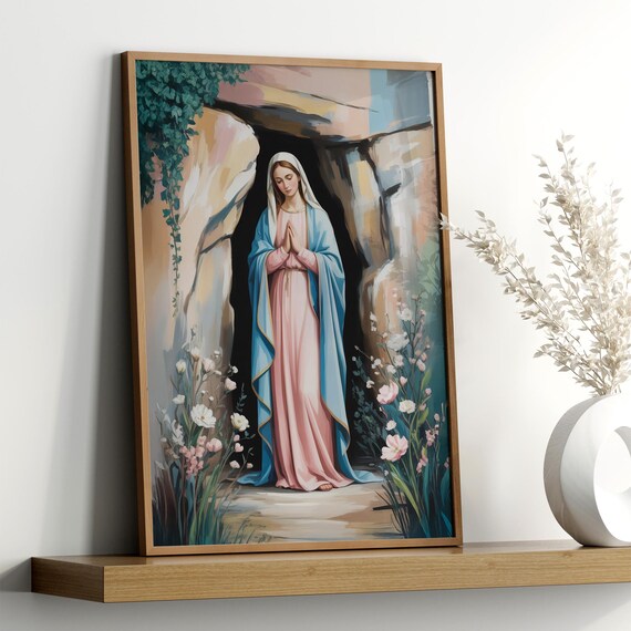 Virgin Mary Poster Print, Blessed Mother in Grotto Pastel Painting