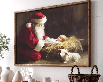 Santa Kneeling Before Baby Jesus, Christmas Nativity Poster, Christian Christmas Decor, Santa and Jesus Painting, Holiday Faith Artwork 0911
