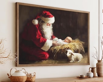 Santa Kneeling Before Baby Jesus Digital Download File, Christian Christmas Printable Wall Art, Nativity Scene Digital, Faith Holiday 0911