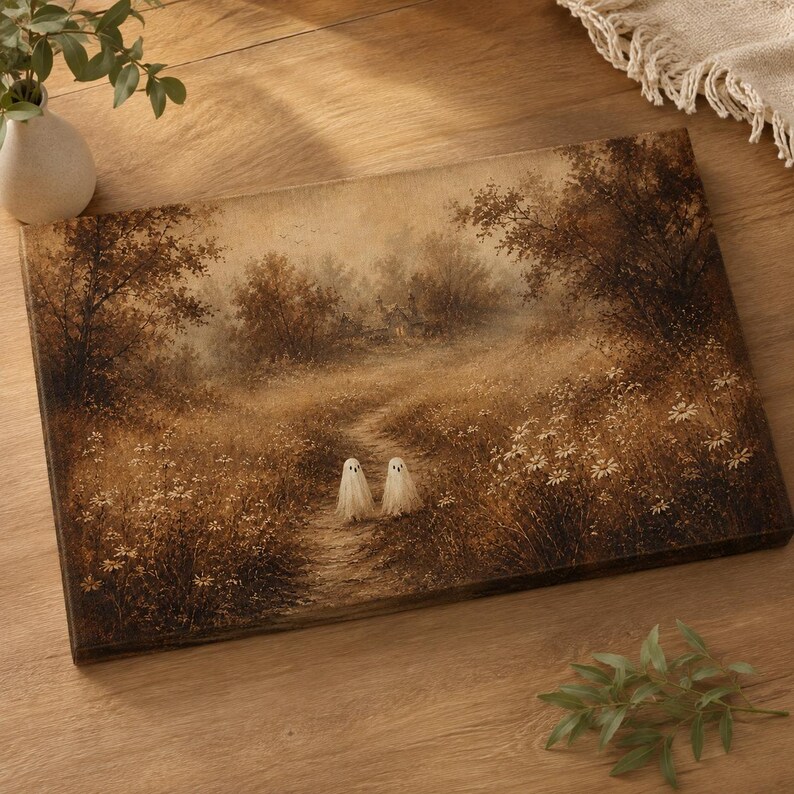 Puede incluir: Un lienzo rectangular con una pintura de paisaje en tonos sepia que muestra un campo de hierba con flores silvestres y &aacute;rboles. Dos peque&ntilde;as figuras fantasmales cubiertas con s&aacute;banas blancas se encuentran en un camino de tierra central.