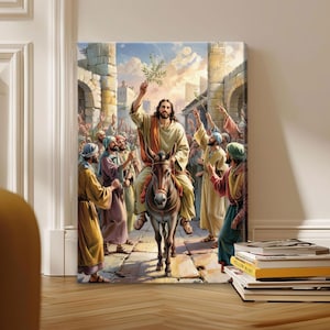 Holy Week Jesus Riding Donkey Canvas for Palm Sunday Easter, Christian Religious Decor, Triumphal Entry, Jesus into Jerusalem Art Nb 0289