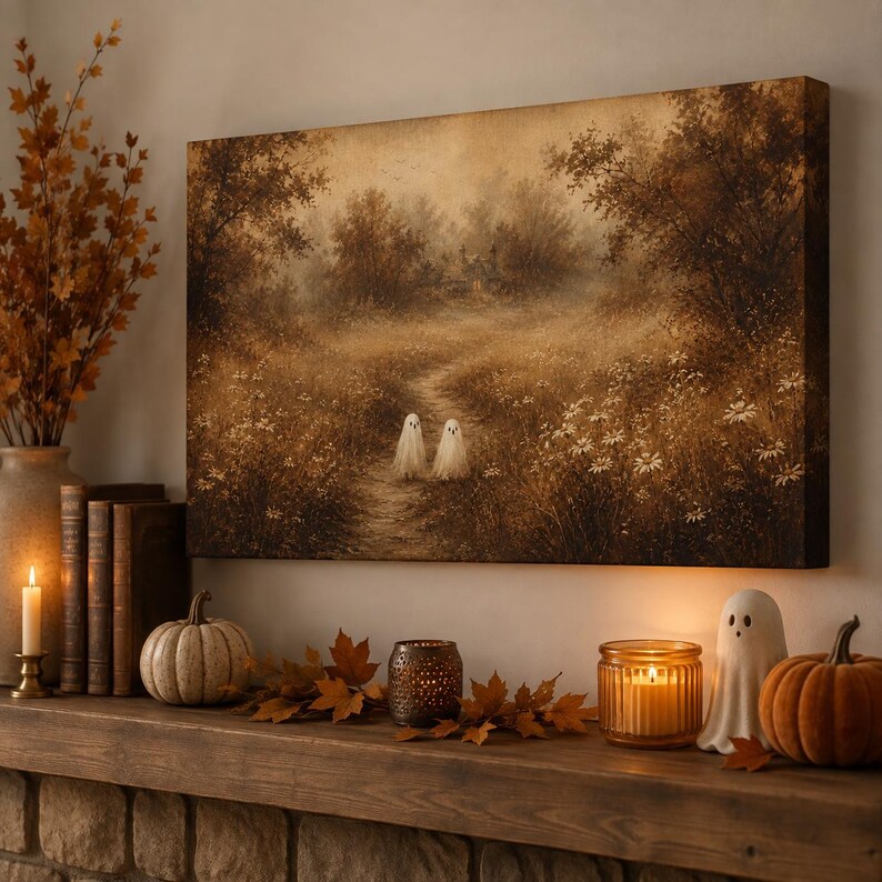 Puede incluir: Un lienzo rectangular con un paisaje en tonos sepia que muestra un camino de tierra a trav&eacute;s de un campo de flores silvestres hacia una casa lejana, con dos peque&ntilde;as figuras de fantasmas blancos en el camino en primer plano.