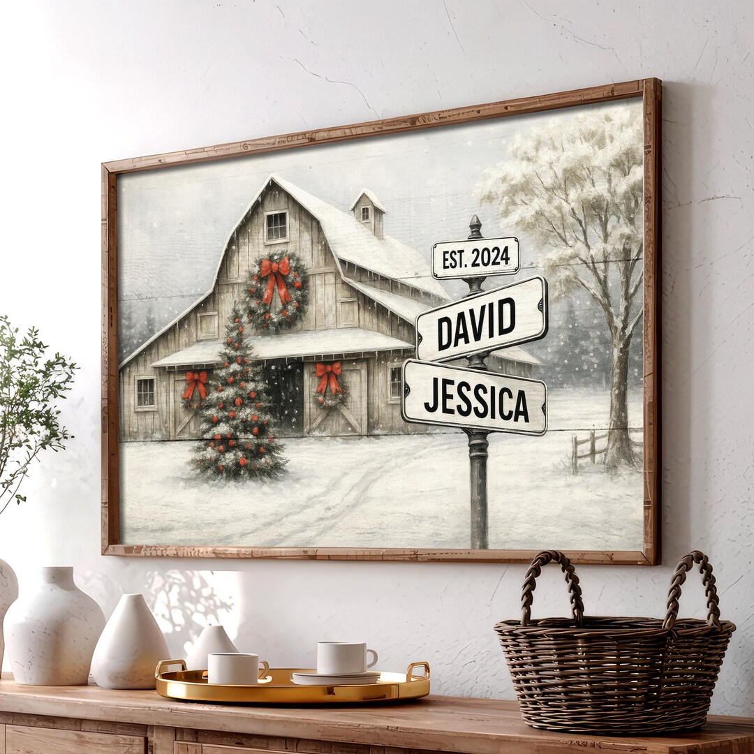 Christmas Barn Scene Personalized Family Name Poster, Rustic Farmhouse ...