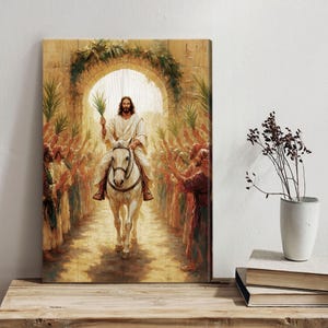 May include: A painting depicting a man riding a white horse through a crowd of people holding palm branches. The man is wearing a white robe and has a crown of thorns on his head. The painting is set against a backdrop of a city.
