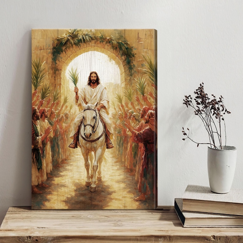 May include: A painting depicting a man riding a white horse through a crowd of people holding palm branches. The man is wearing a white robe and has a crown of thorns on his head. The painting is set against a backdrop of a city.