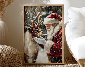 Santa and Reindeer Digital Download File, Rustic Christmas Printable, Vintage Santa Claus Painting, Cozy Farmhouse Holiday Decor 0908