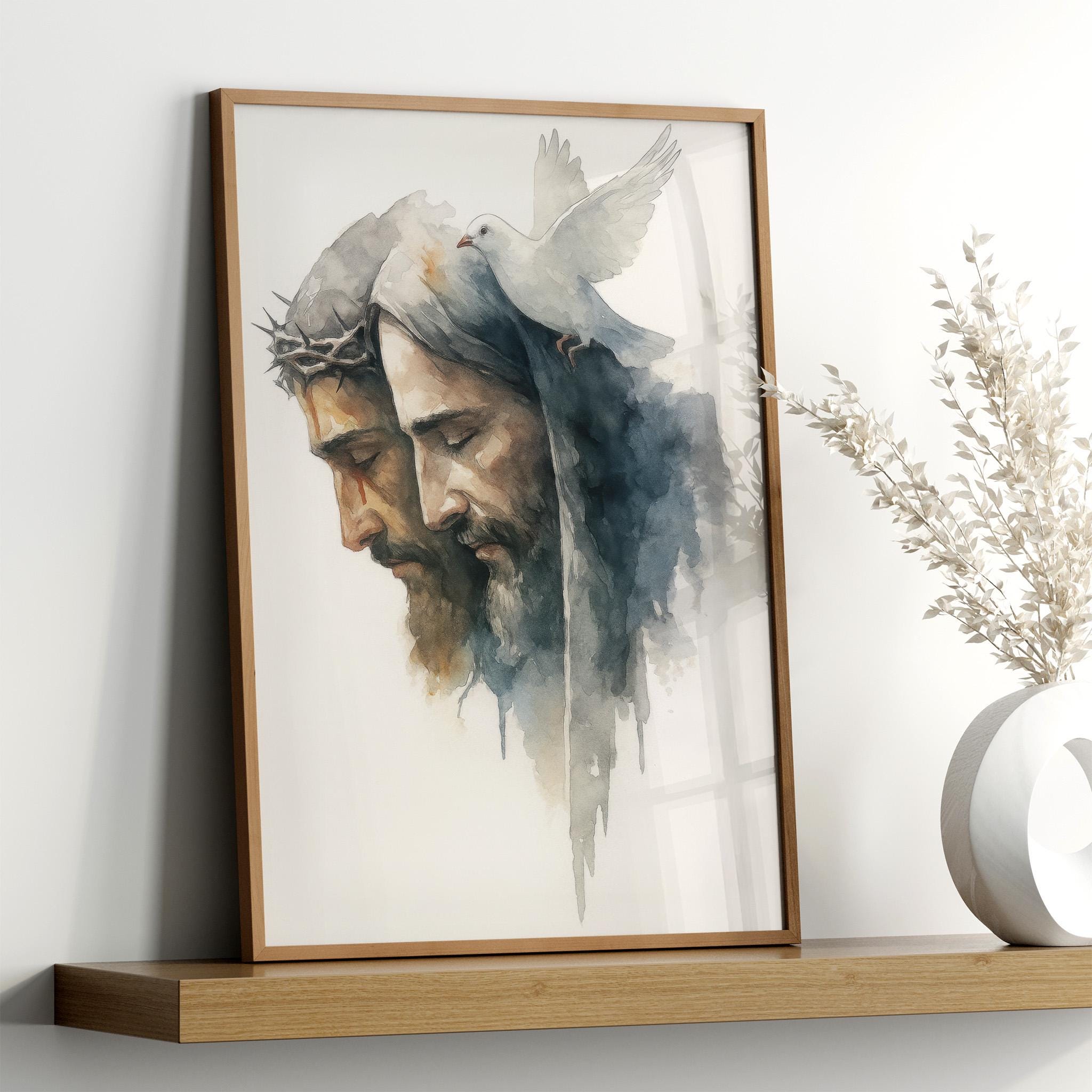 Jesus And Dove Digital Download, Crown Of Thorns Christian, Holy Trinity Watercolor, Modern Christian Art of Father, Abstract Catholic 0543