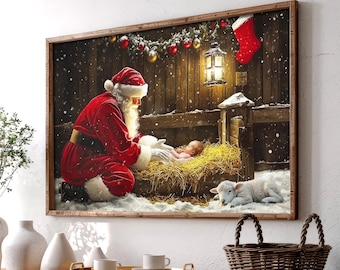 Santa Kneeling Before Baby Jesus Christmas Poster, Christian Nativity Scene, Religious Christmas, Santa and Jesus, Christmas Gift 0914