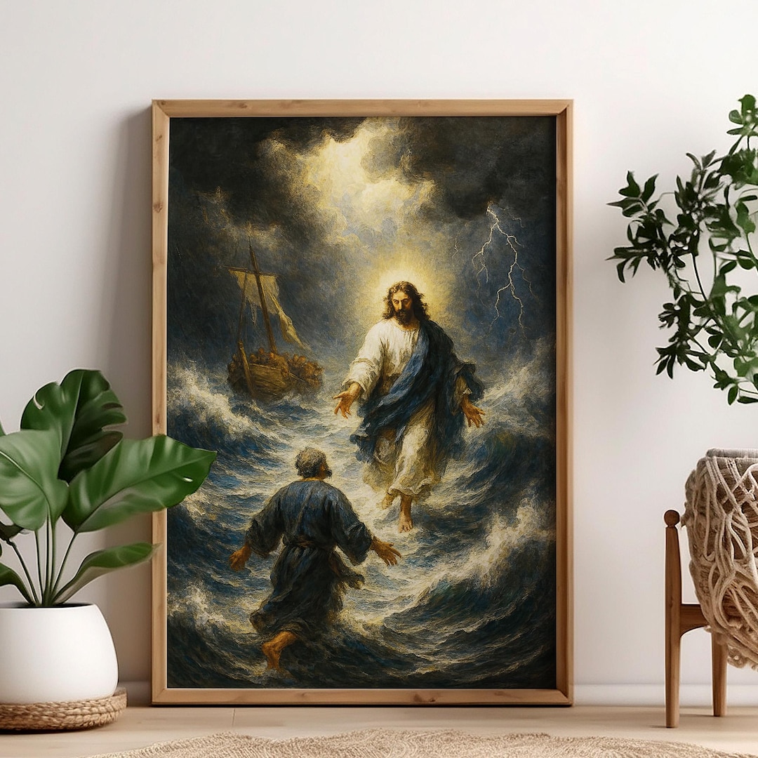 Jesus Rescues Peter Poster, Faith Over Fear Christian Art, Bible ...