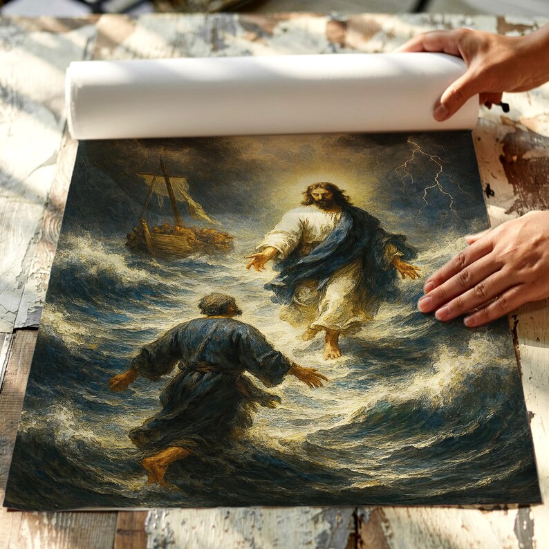 Jesus Rescues Peter Poster, Faith Over Fear Christian Art, Bible ...