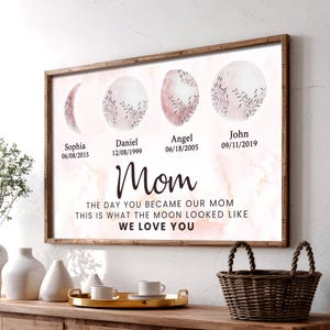 May include: A framed print with a pink and white watercolor background featuring four moons with different phases. Each moon has a name and date written below it. The text reads "Mom, The day you became our mom, this is what the moon looked like, We love you."