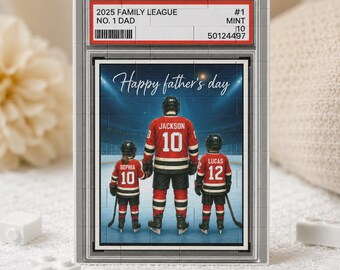 Puede incluir: Un expositor rectangular estilo bloque con un diseño de tarjeta deportiva con el texto 2025 FAMILY LEAGUE NO. 1 DAD. La imagen muestra tres jugadores de hockey con camisetas rojas y negras con los nombres Jackson, Sophia y Lucas, y el texto Happy father's day.