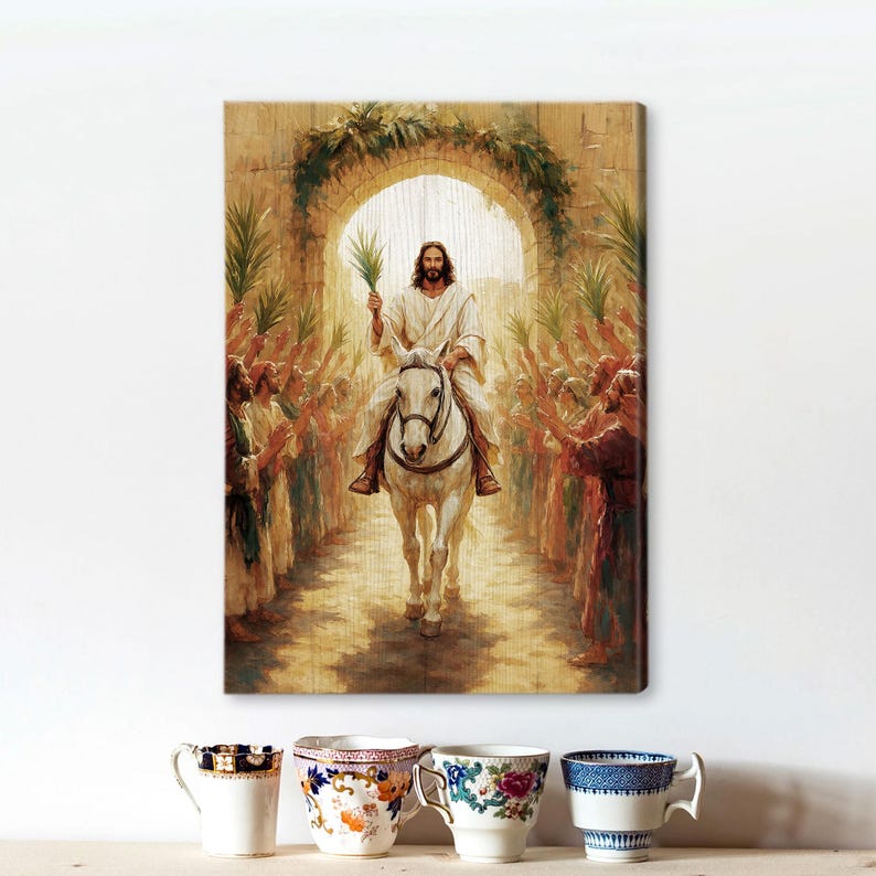 May include: A painting depicting Jesus riding a white horse through a gateway, surrounded by people waving palm branches. The scene is set in a city with buildings and a bright sky.