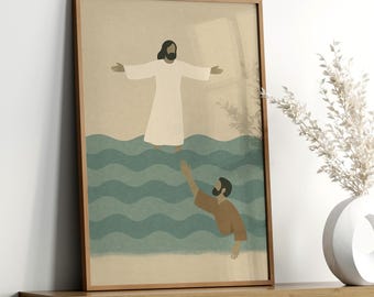 Jesus rettet Petrus Digitaler Download, minimalistische christliche druckbare Kunst, auf dem Wasser gehen Bibelszene, auf Glauben basierende spirituelle Datei 0616