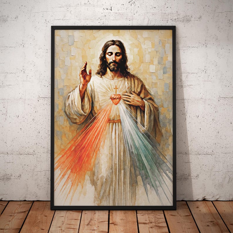 May include: Framed watercolor painting of Jesus with a halo and rays of red, white, and green light emanating from his chest. The artwork is set against a textured background and framed in black.