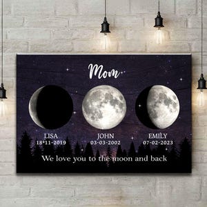 May include: A canvas print featuring three moon phases against a starry night sky. The word "Mom" is written in cursive. Names and dates are below each moon phase. The bottom reads "We love you to the moon and back."