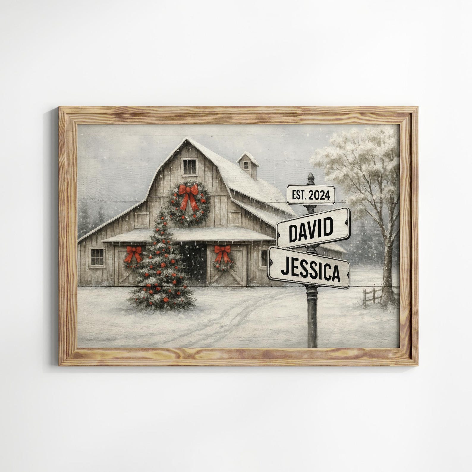 Christmas Barn Scene Personalized Family Name Poster, Rustic Farmhouse ...