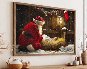 Santa Kneeling Before Baby Jesus Digital Download, Christian Nativity Scene, Religious Christmas, Santa and Jesus Printable File 0914
