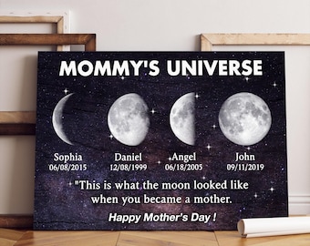 Personalized Mommy&#39;s Universe Moon Phase Canvas, Custom Starry Night Sky Mother&#39;s Day Gift, Birth Moon Names and Dates, Unique Mom Nb 0317