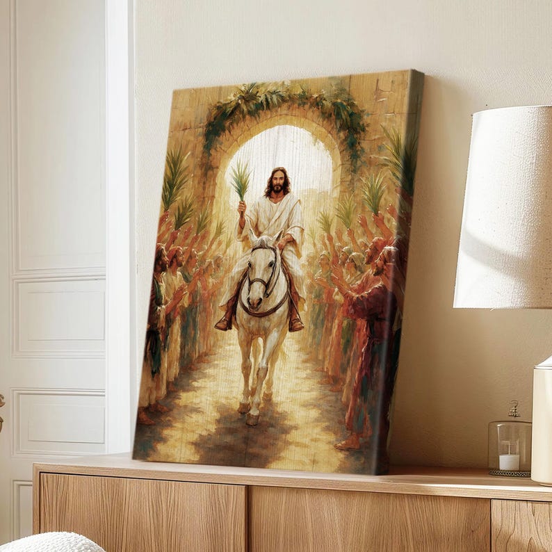 May include: A painting depicting Jesus riding a white horse through a crowd of people holding palm branches. The scene is set in a city with an archway in the background.
